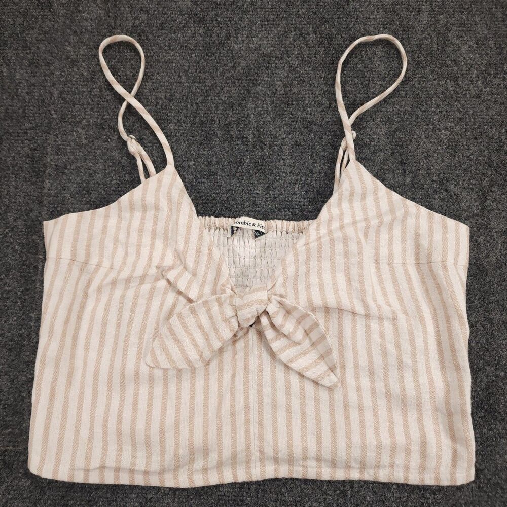 Abercrombie & Fitch Striped Tie-Front Crop Cami Sz M Beige/White